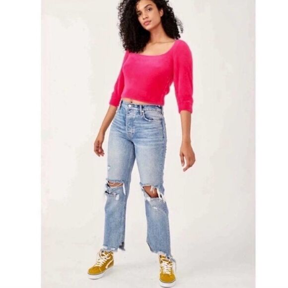 Free People Raspberry Pop Moonbeam Fuzzy Puff Sleeve Crop Sweater Sz XL NWT - Picture 14 of 15